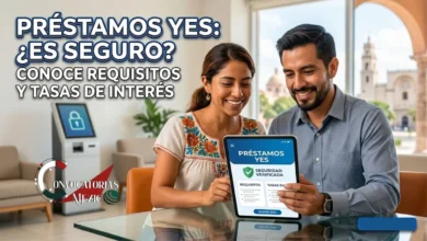 Una pareja sonriente en una oficina moderna revisando la solicitud de Préstamos Yes en una tablet digital que muestra sellos de seguridad, requisitos y tasas de interés.