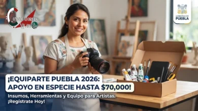 Mujer artista sonriente en su estudio de arte en Puebla sosteniendo una cámara fotográfica junto a una caja con herramientas, pinturas y equipo del programa Equiparte 2026.
