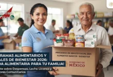 Funcionarios entregando despensas y cajas con productos de la canasta básica a familias mexicanas beneficiarias de los programas alimentarios y abasto social.