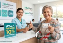 Adulta mayor en recepción de Salud Digna mostrando su credencial del INAPAM para recibir descuento en análisis clínicos y estudios médicos.