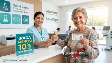 Adulta mayor en recepción de Salud Digna mostrando su credencial del INAPAM para recibir descuento en análisis clínicos y estudios médicos.