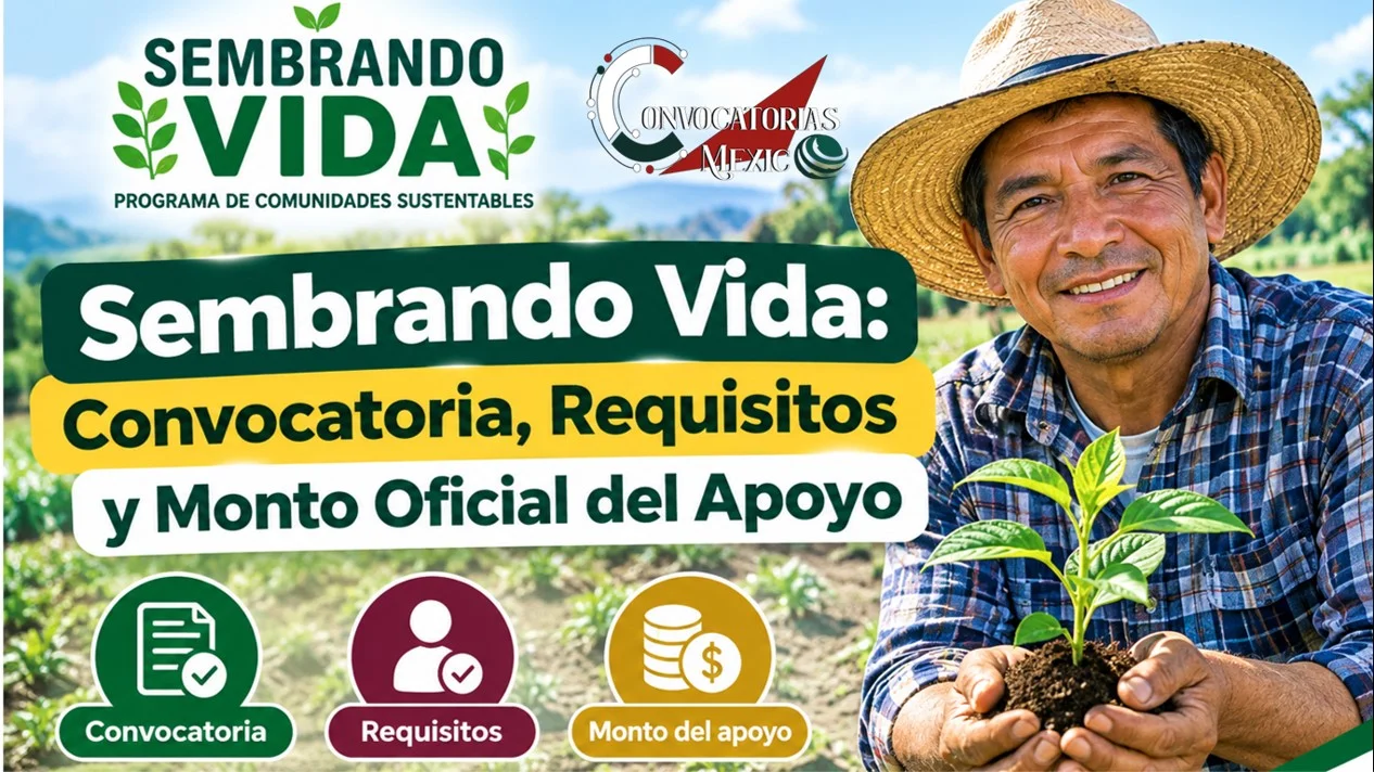 Programa Sembrando Vida en México con una campesina sosteniendo una planta en un campo de cultivo, ilustrando la convocatoria, los requisitos y el monto del apoyo económico.