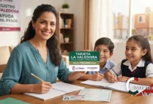 Una madre mexicana sonriente en su hogar en Ecatepec sostiene la tarjeta física 'La Valedora' de $10,000 MXN para apoyo a madres y padres solteros, mientras sus dos hijos hacen tareas. Sobre la mesa hay documentos de identidad (INE y CURP) y al fondo se ve un cartel oficial del programa.