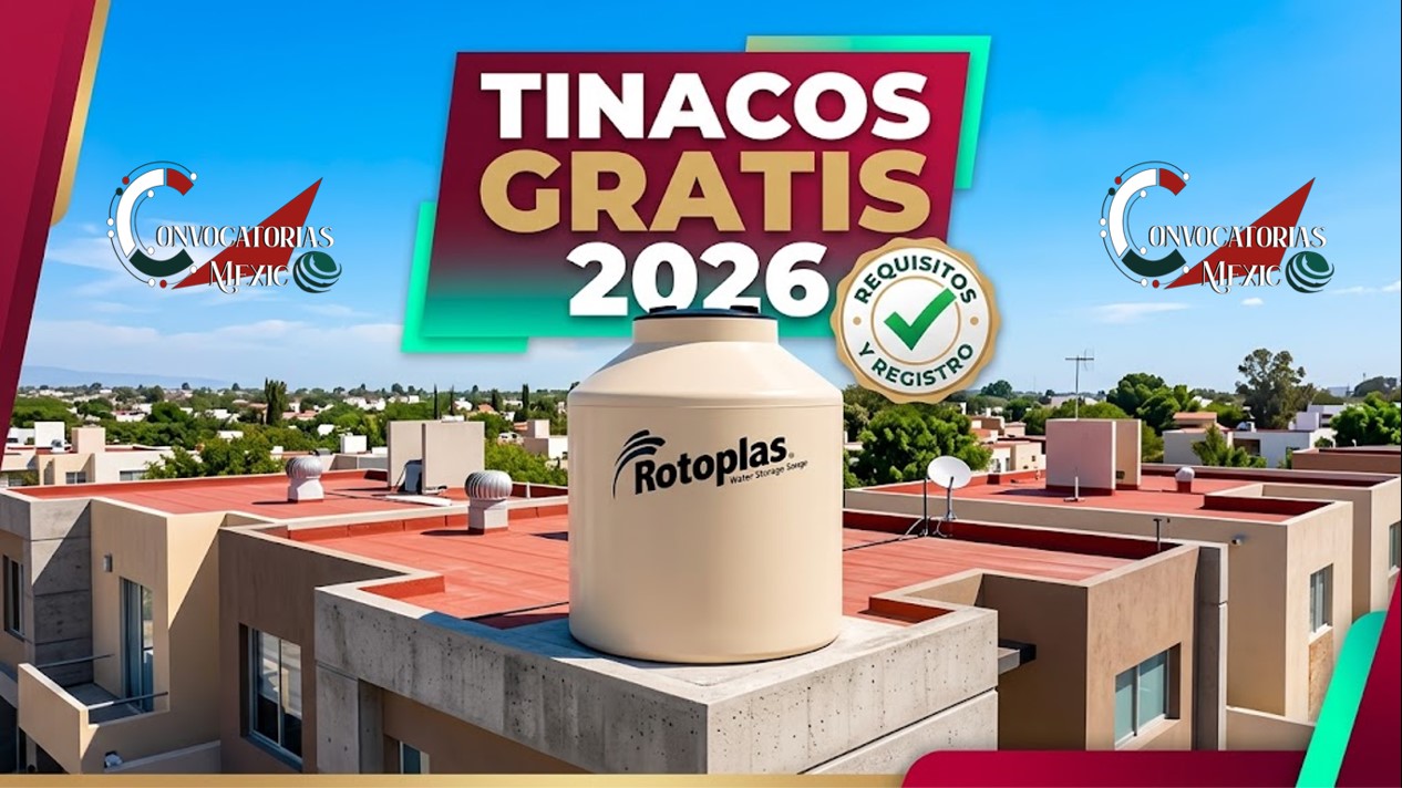 Tinaco de agua sobre la azotea de una vivienda con anuncio sobre el registro y requisitos para obtener tinacos gratis en México.