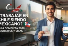 Imagen ilustrativa sobre trabajo en Chile para mexicanos, mostrando a un profesional con pasaporte y laptop revisando ofertas laborales con la cordillera y el skyline de Santiago de fondo.`