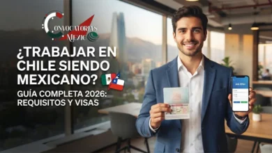 Imagen ilustrativa sobre trabajo en Chile para mexicanos, mostrando a un profesional con pasaporte y laptop revisando ofertas laborales con la cordillera y el skyline de Santiago de fondo.`