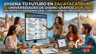 Jóvenes estudiantes de diseño gráfico reunidos trabajando en una mesa con laptops y tabletas digitales, mientras analizan una pantalla con el listado de las 10 mejores universidades para estudiar Diseño Gráfico en Zacatecas.