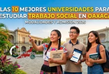 Las 10 Mejores Universidades para Estudiar Trabajo Social en Oaxaca 2026: Modalidades y Admisión 12 Tres estudiantes universitarios con libros y tablet frente a la facultad en Oaxaca con el texto "Las 10 Mejores Universidades para Estudiar Trabajo Social en Oaxaca