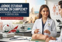 Una estudiante de medicina en una práctica de laboratorio en una universidad de Campeche, con una bata blanca con el logotipo institucional. Al fondo, se aprecia la ventana con vista a la ciudad y láminas anatómicas.