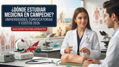 Una estudiante de medicina en una práctica de laboratorio en una universidad de Campeche, con una bata blanca con el logotipo institucional. Al fondo, se aprecia la ventana con vista a la ciudad y láminas anatómicas.