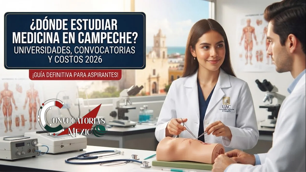 Una estudiante de medicina en una práctica de laboratorio en una universidad de Campeche, con una bata blanca con el logotipo institucional. Al fondo, se aprecia la ventana con vista a la ciudad y láminas anatómicas.