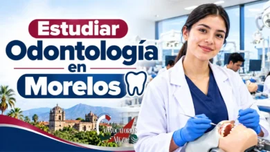 Estudiante de odontología practicando en un laboratorio clínico moderno con simuladores dentales en una universidad de Morelos.