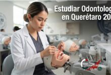 Estudiante de odontología practicando en un laboratorio clínico moderno con simuladores dentales en una universidad de Querétaro.