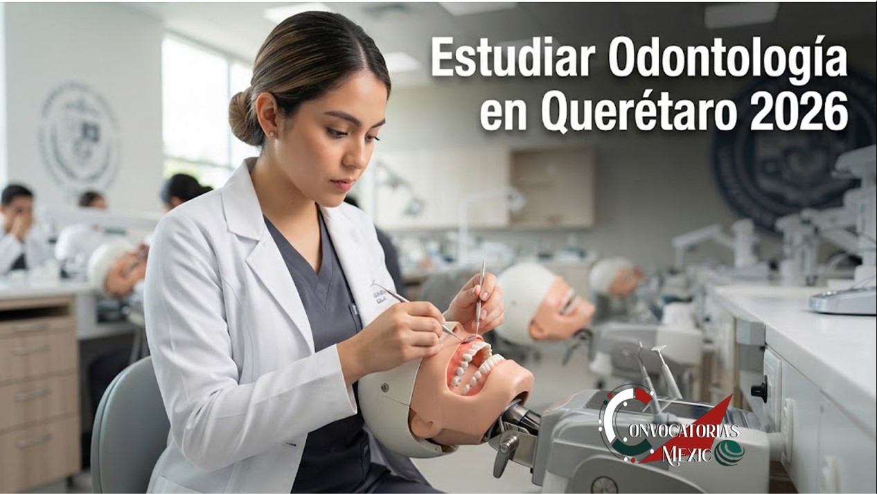 Estudiante de odontología practicando en un laboratorio clínico moderno con simuladores dentales en una universidad de Querétaro.