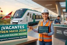Infografía promocional sobre Vacantes Tren Maya 2026 con empleos y sueldos de 20,000 a 40,000 pesos en el sureste de México. Muestra ingenieros, conductores y técnicos en una estación moderna con el Tren Maya.