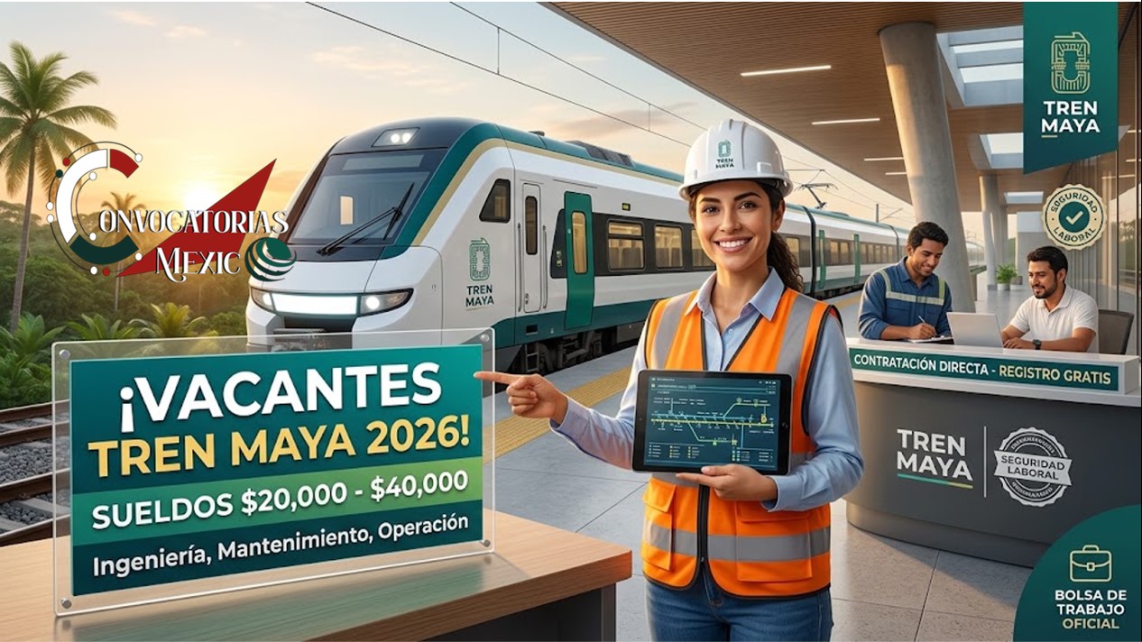 Infografía promocional sobre Vacantes Tren Maya 2026 con empleos y sueldos de 20,000 a 40,000 pesos en el sureste de México. Muestra ingenieros, conductores y técnicos en una estación moderna con el Tren Maya.
