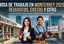 Portada sobre la Visa de Trabajo en Monterrey 2026 mostrando a una profesionista y un trabajador con pasaportes frente al Consulado de EE. UU. y el INM, con el Cerro de la Silla al fondo.