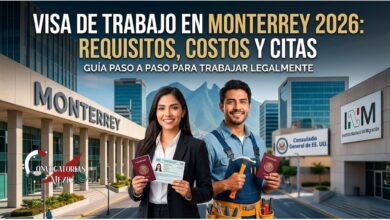 Portada sobre la Visa de Trabajo en Monterrey 2026 mostrando a una profesionista y un trabajador con pasaportes frente al Consulado de EE. UU. y el INM, con el Cerro de la Silla al fondo.