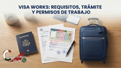 Mesa de trabajo con pasaporte, solicitud de visa aprobada, bolígrafo y maleta azul para trámite de permisos de trabajo y movilidad laboral.