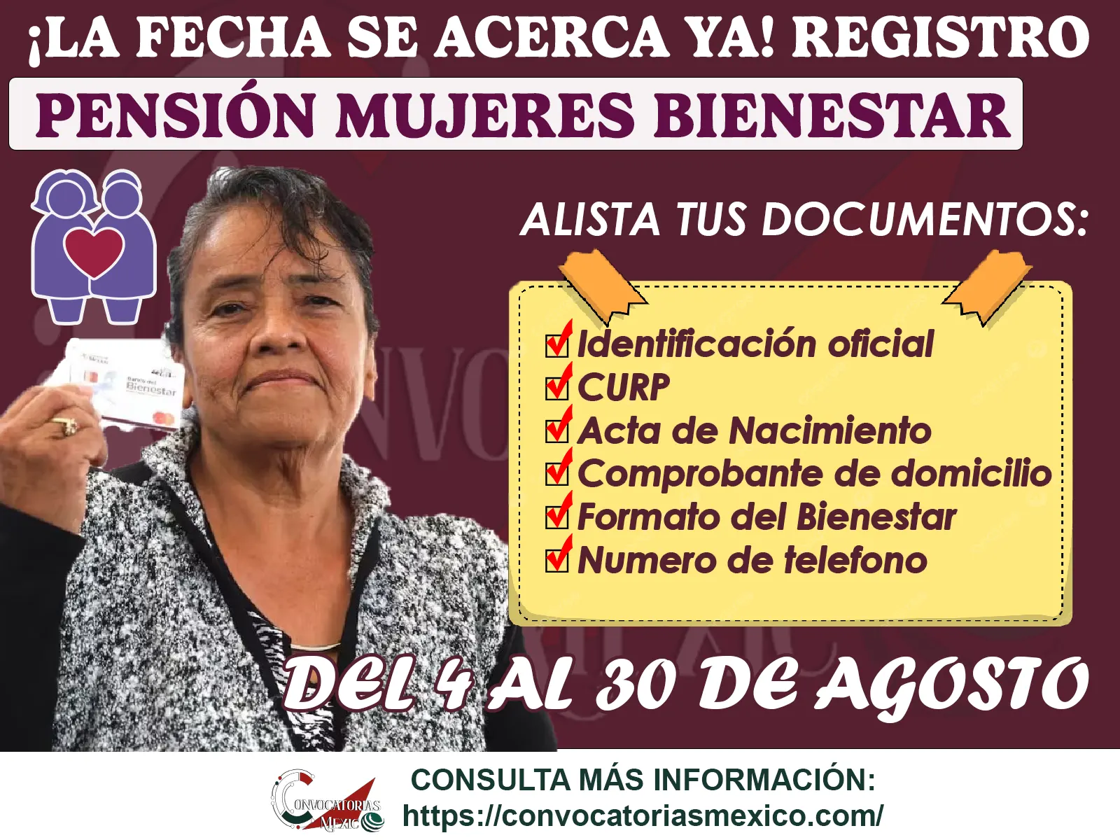 ¡La fecha se acerca ya! Alista tus documentos, en este mes se realizará el Registro a la Pensión Mujeres con Bienestar