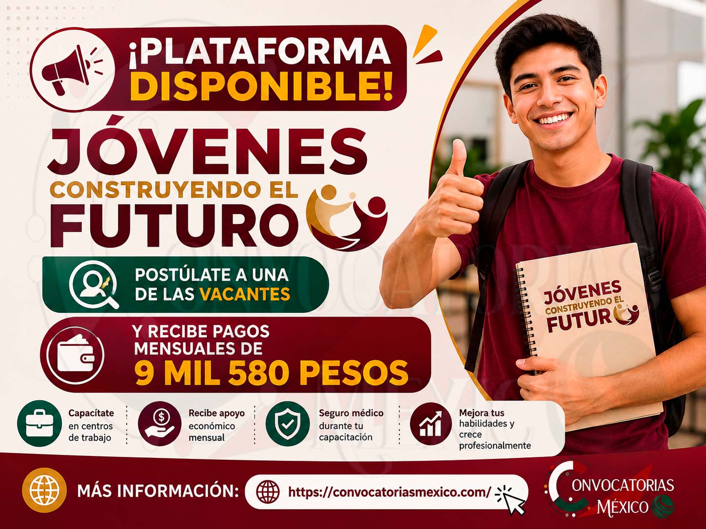 ¡Plataforma Disponible! Jóvenes Construyendo el Futuro: Postúlate a una de las vacantes y recibe pagos mensuales de 9 mil 580 pesos